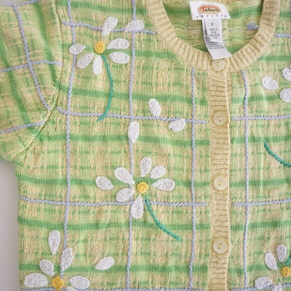 Talbots Petites Green Knit Yellow Checkered Embroidered Daisy Button Cardigan P - Picture 9 of 11